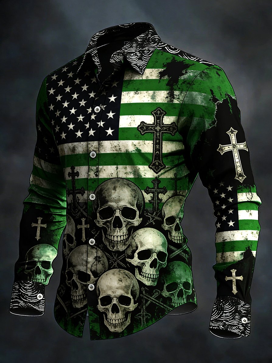 Camisa retro Faith American Flag Skull diseño de manga larga para hombre