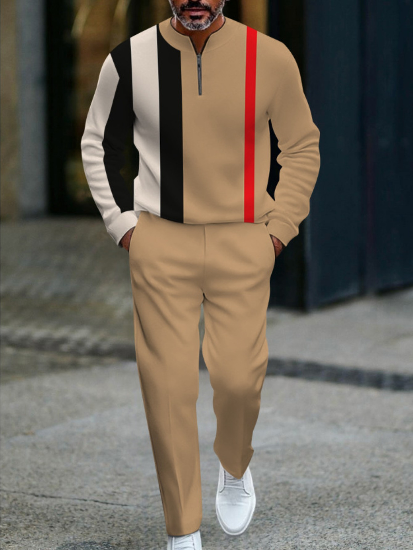 Conjunto de dos piezas casual Khaki Color Matching a rayas estampado Round-Neck Zipper de manga larga Trousers para hombre