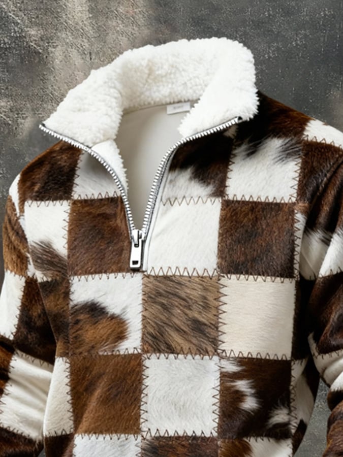para hombre retro en bloques de color Print Sweacamiseta With Fur Collar