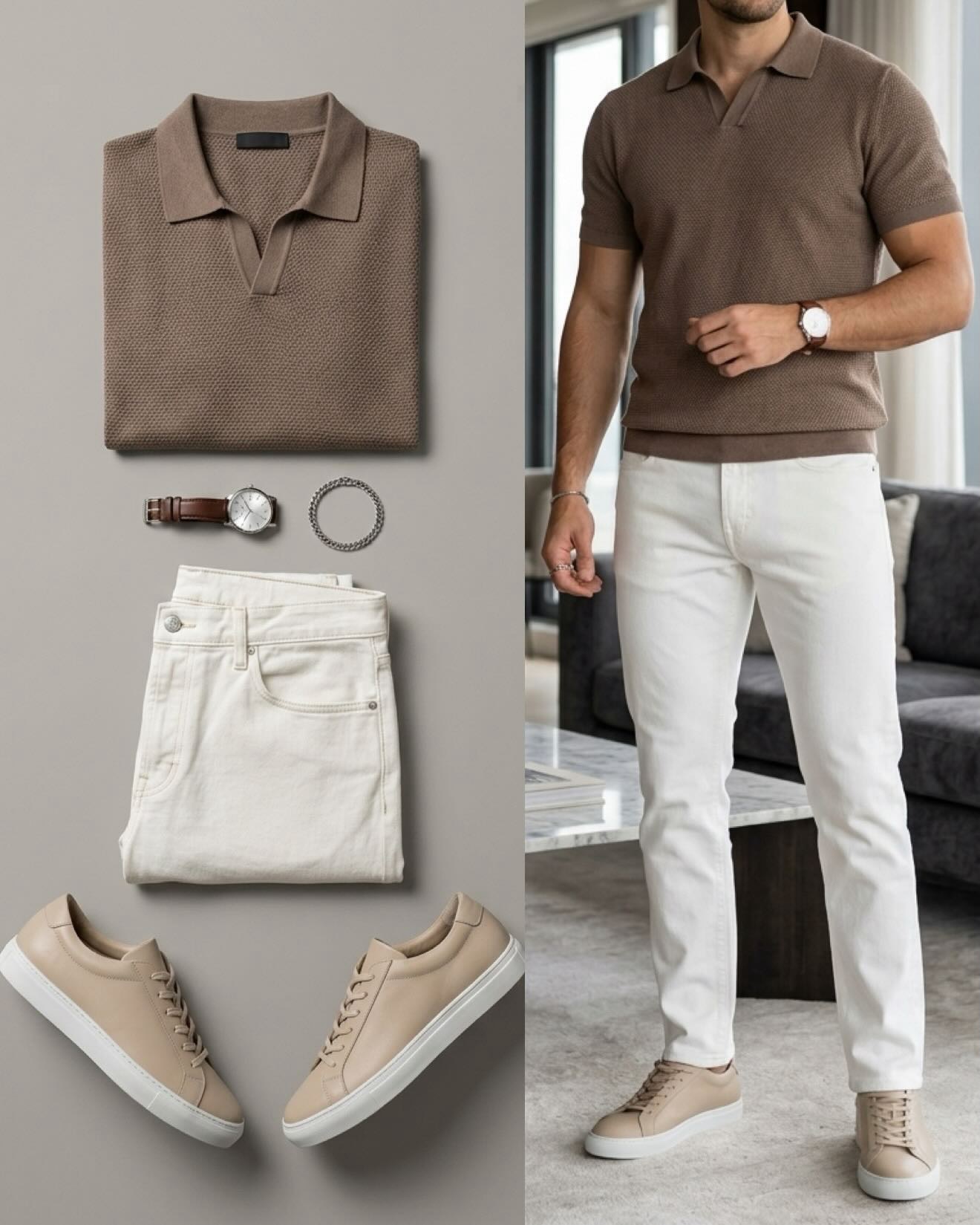 Conjunto de dos piezas casual Brown Color de manga cortas camisa polo & Jeans pantalón para hombre