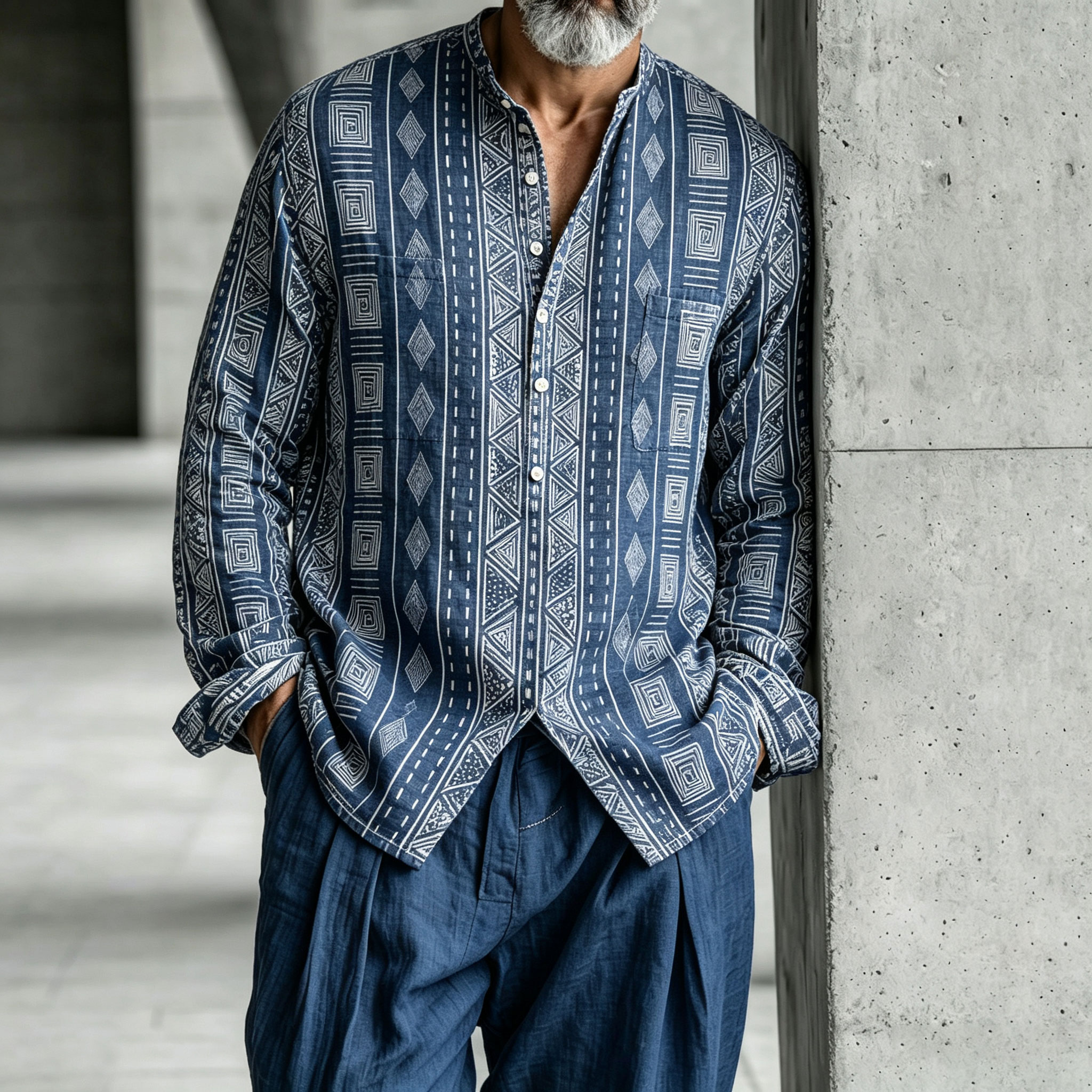 para hombre Geometric-Print Stand-Collar Half-Open Henley camisa and pantalón