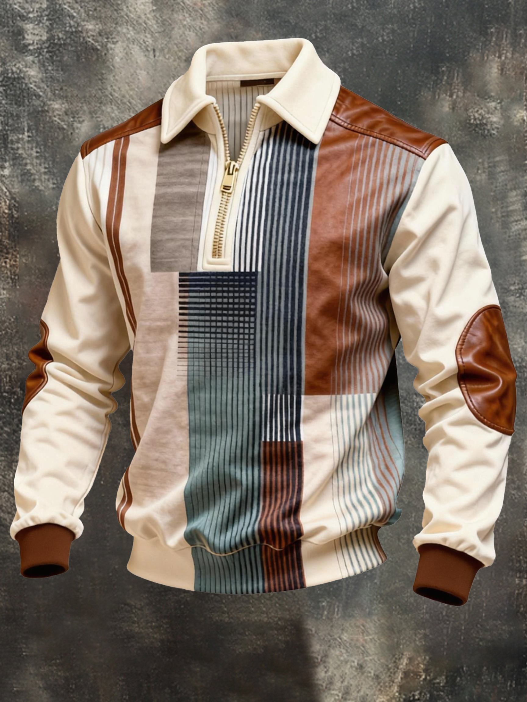Sudadera vintage Color-Block estampado con cierre con gorrasucha para hombre