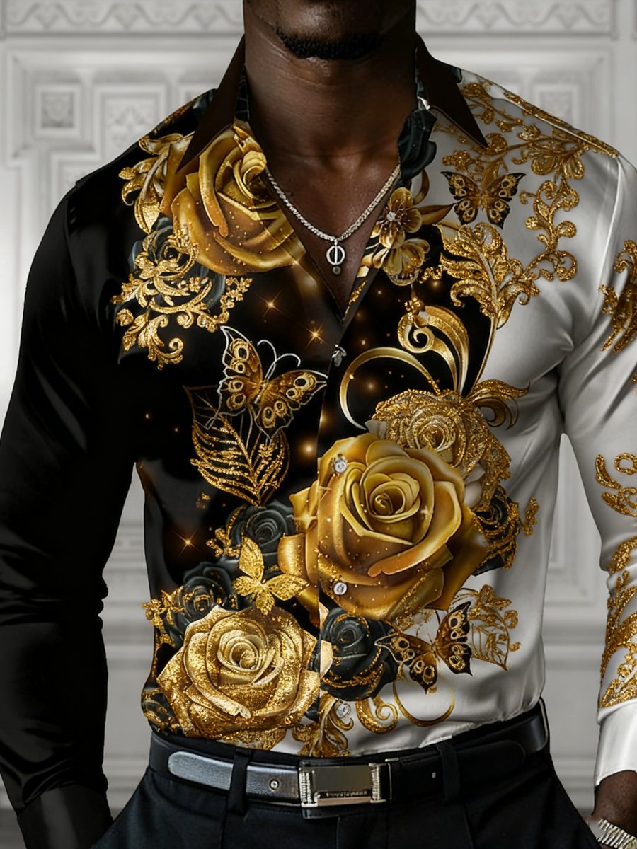 Camisa de lujo retro floral de manga larga para hombre