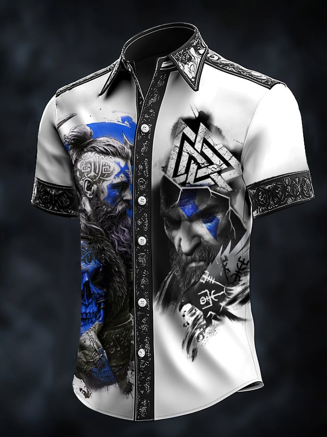 Camisa casual vintage Viking portrait satén para hombre