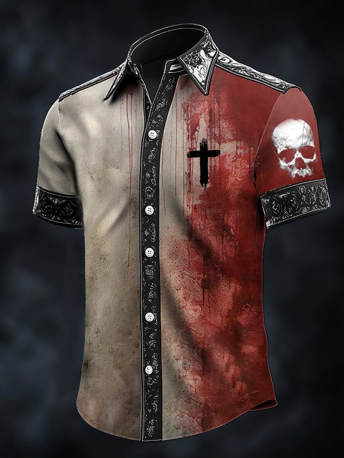 Camisa casual de moda Skull floral de manga corta para hombre