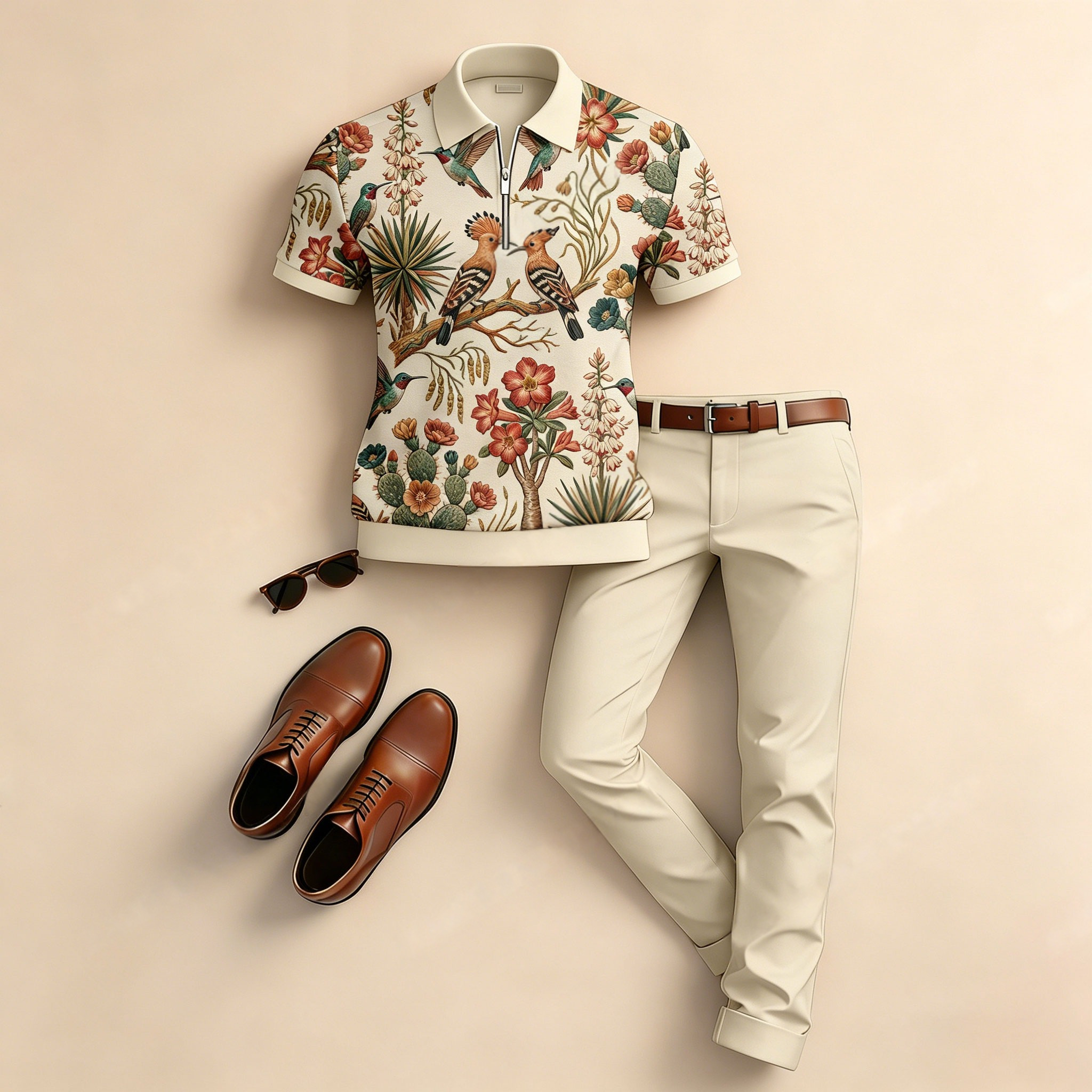 Conjunto de dos piezas casual Color-Blocked floral And Bird estampado de manga corta camisa polo And pantalón para hombre