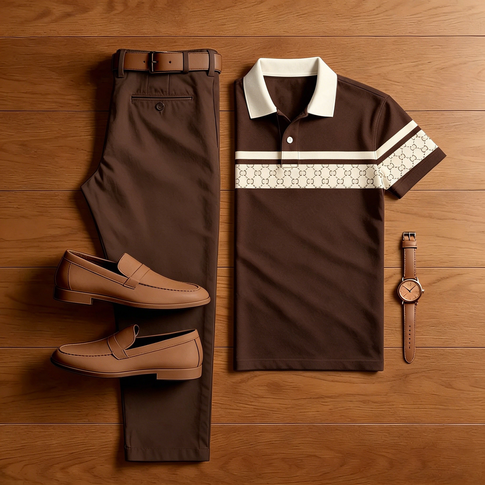 Conjunto de dos piezas casual Dark Brown a cuadros estampado camisa polo And pantalón para hombre