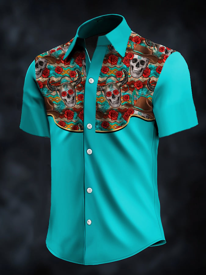 Camisa retro Western Contrast estampado de manga corta casual para hombre