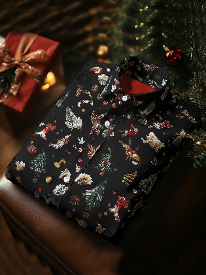 Camisa de lujo Christmas Contrast Color estampado de manga larga para hombre