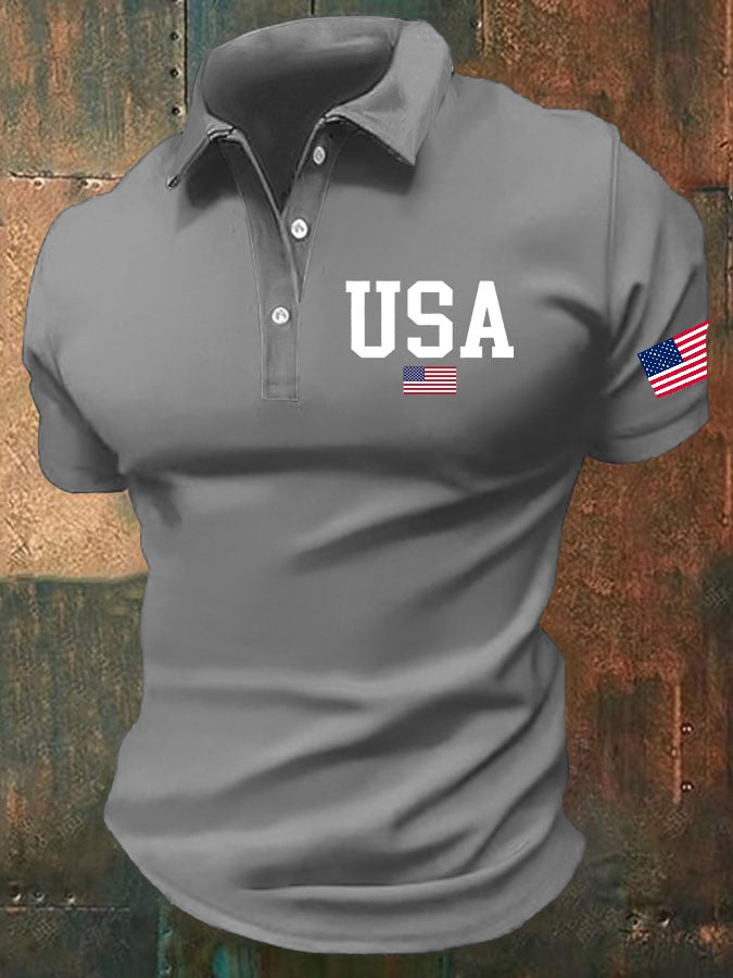 Camisa polo Independence Day Flag estampado casual para hombre