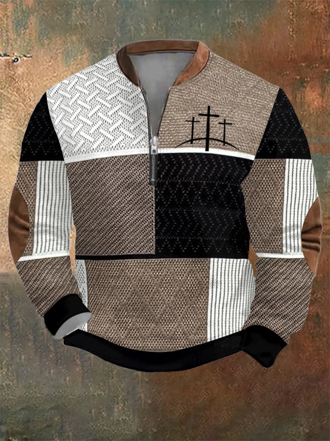 Sudadera retro Western texturizado Faith Cross estampado cierre Neck para hombre