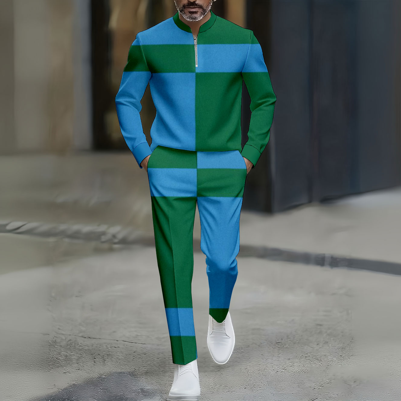 Conjunto de dos piezas casual en bloques de color estampado Polo Collar Zipper de manga larga pantalón para hombre