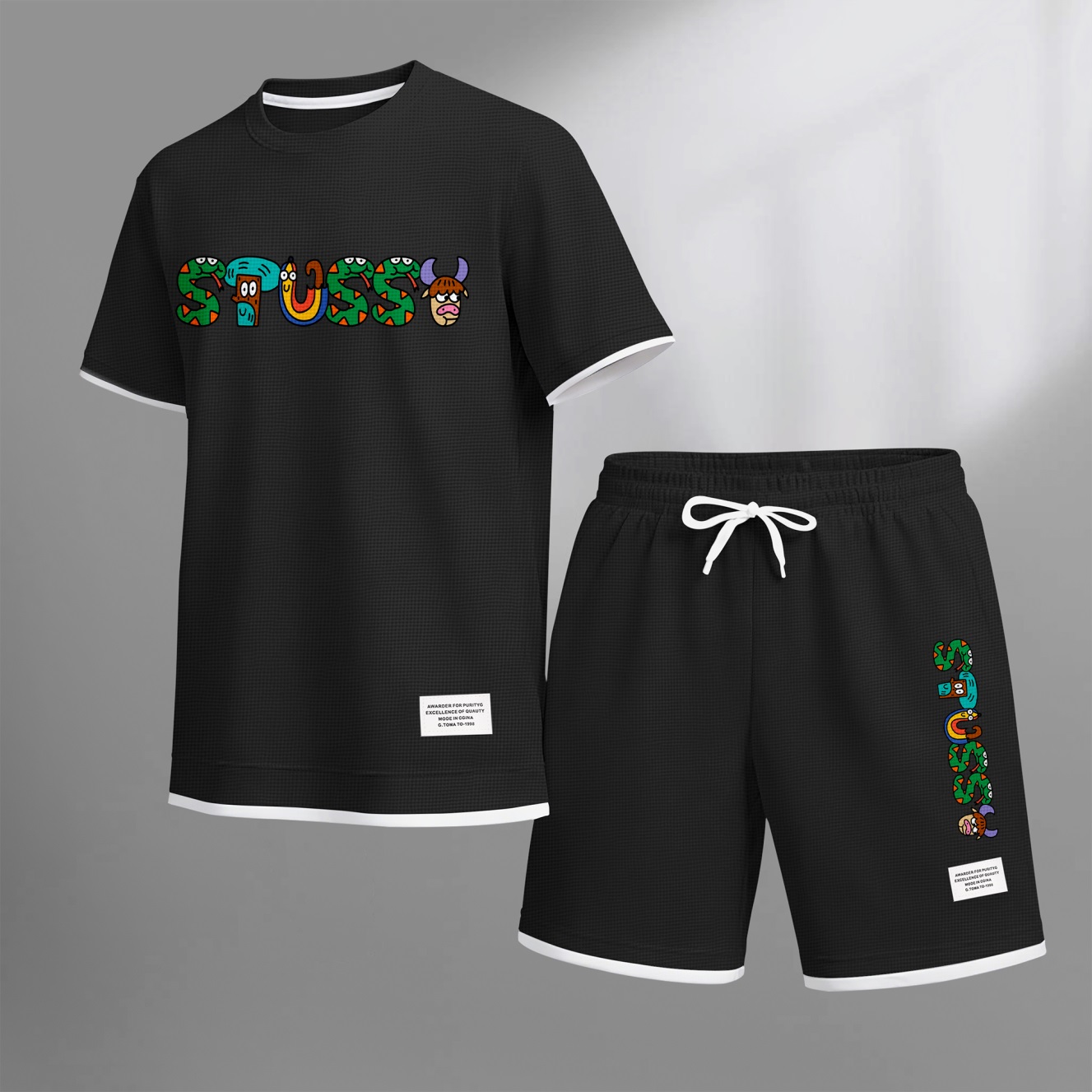 Camisa Y2K Cartoon estampado Waffle Fabric de manga corta And shorts Set para hombre