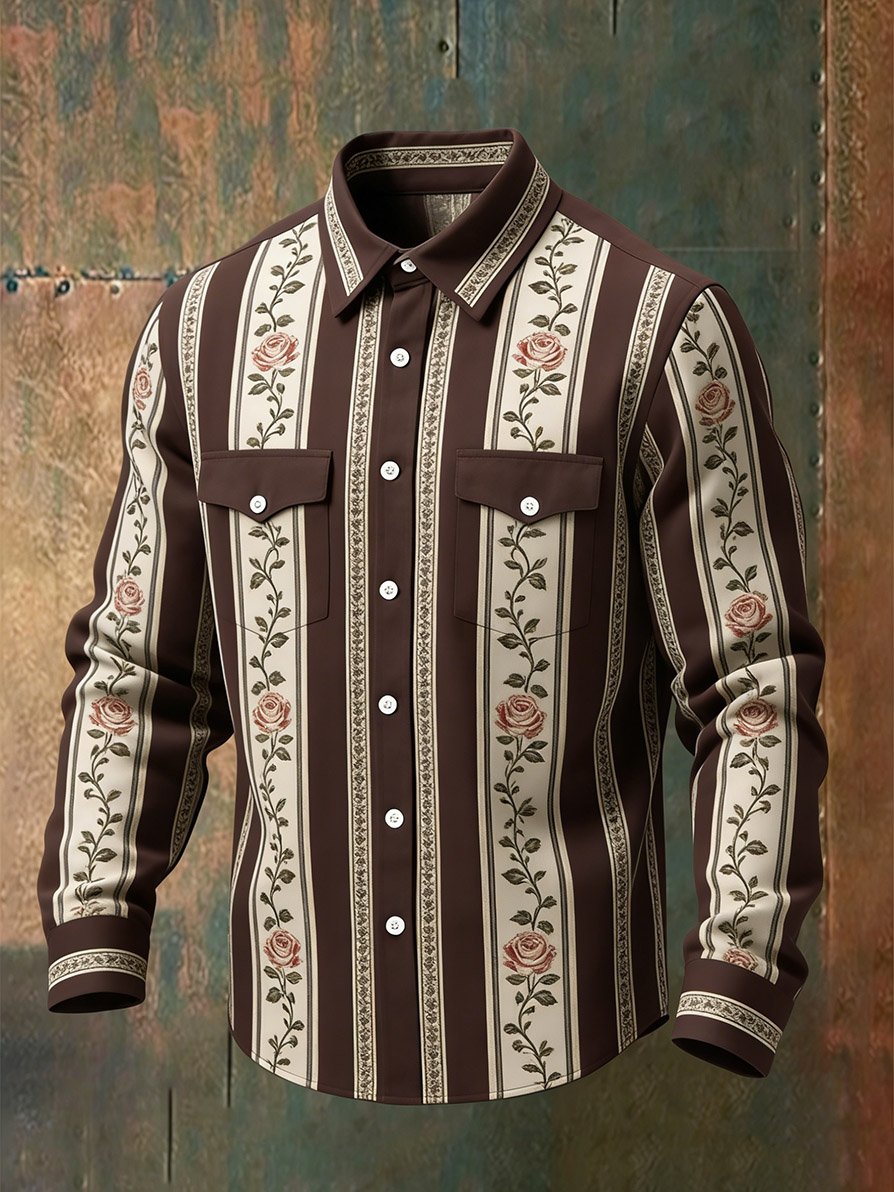 Camisa vintage a rayas Western de manga larga para hombre