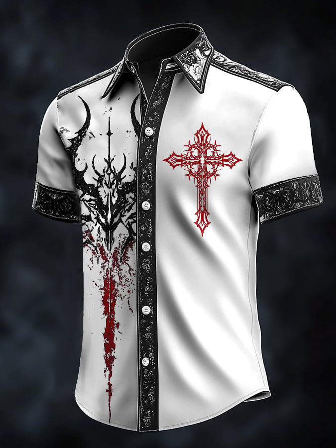 Camisa casual de moda Dark diseño Cross Crow Contrast satén para hombre