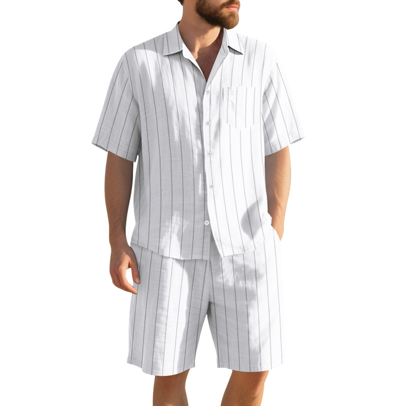 Conjunto de dos piezas a rayas de lino , casual de manga corta con botones camisa and Beach shorts Set, Lightweight transpirable Summer Outfit, holgado Fit Drawstring shorts, Comfortable elegante Set for Vacation Travel Resort para uso diario Wear Lounge para hombre