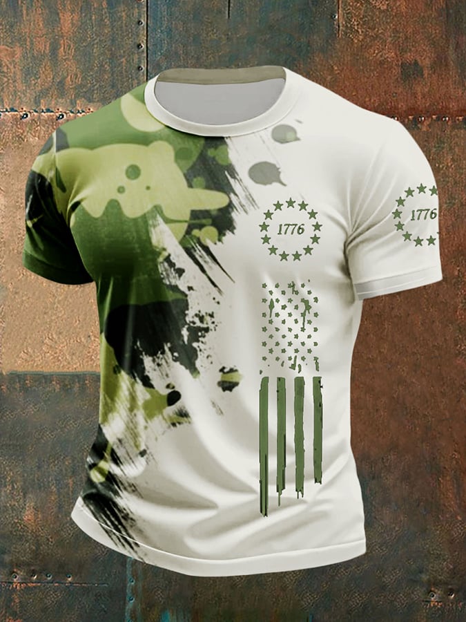 Camiseta vintage camuflaje Flag estampado Round Neck para hombre