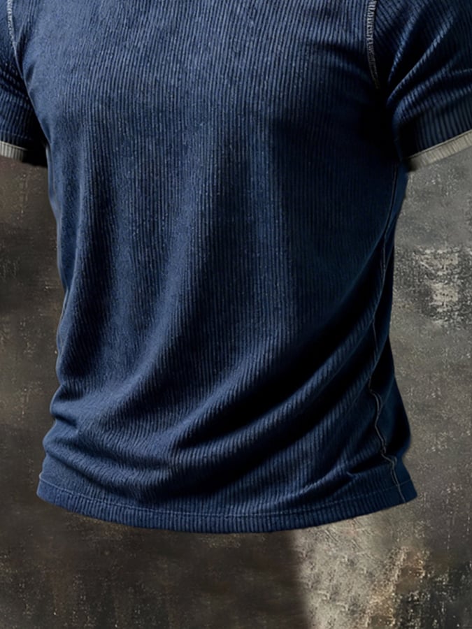 Retro desgastado Patchpara trabajo en bloques de color V-Neck de manga corta Top para hombre