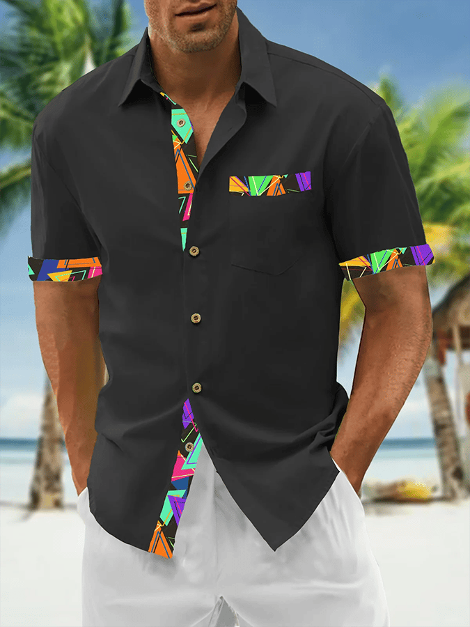 Camisa Resort Style Contrast estampado casual de manga corta para hombre