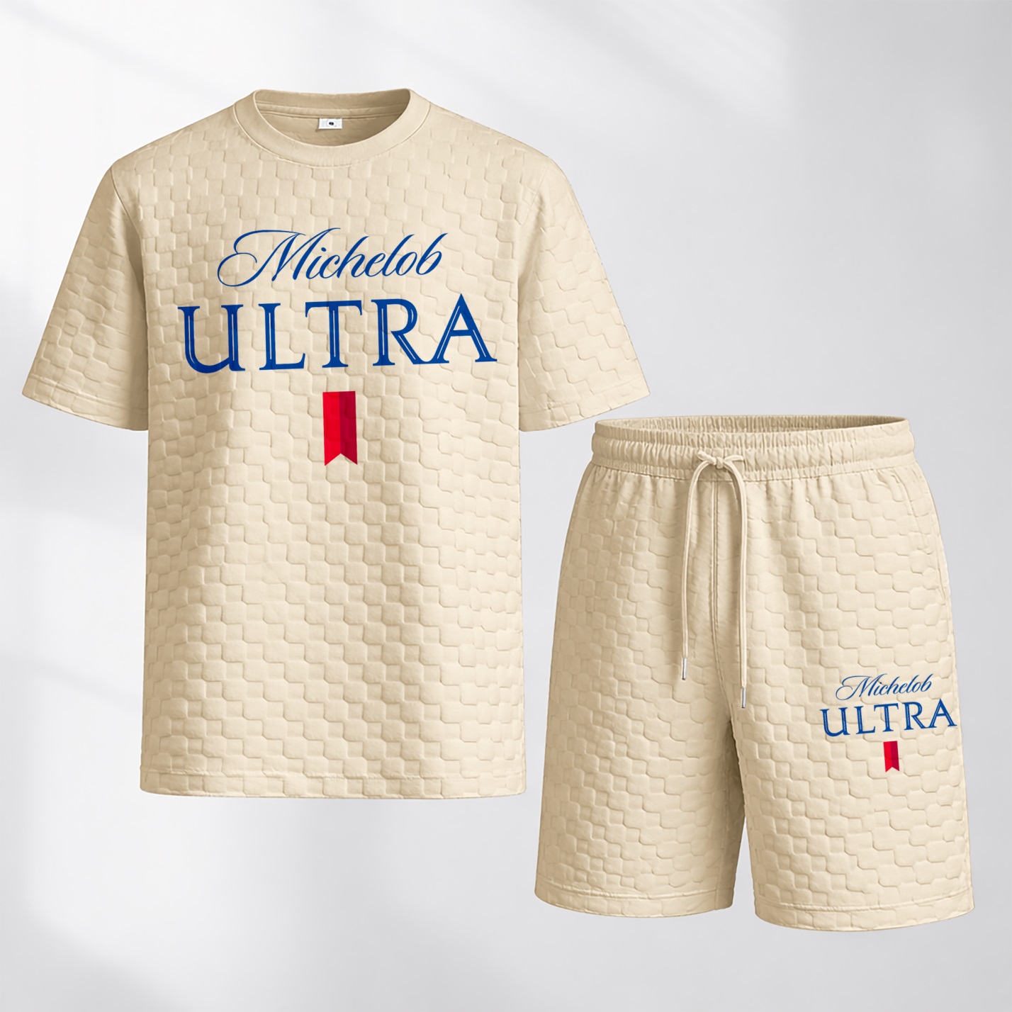 Camisa Spring/Summer Drawstring shorts Set featuring Beverage-estampado a cuadros Fabric—A casual summer ensemble comprising a de manga corta and shorts, ideal for both para uso diario wear and athletic activities para hombre