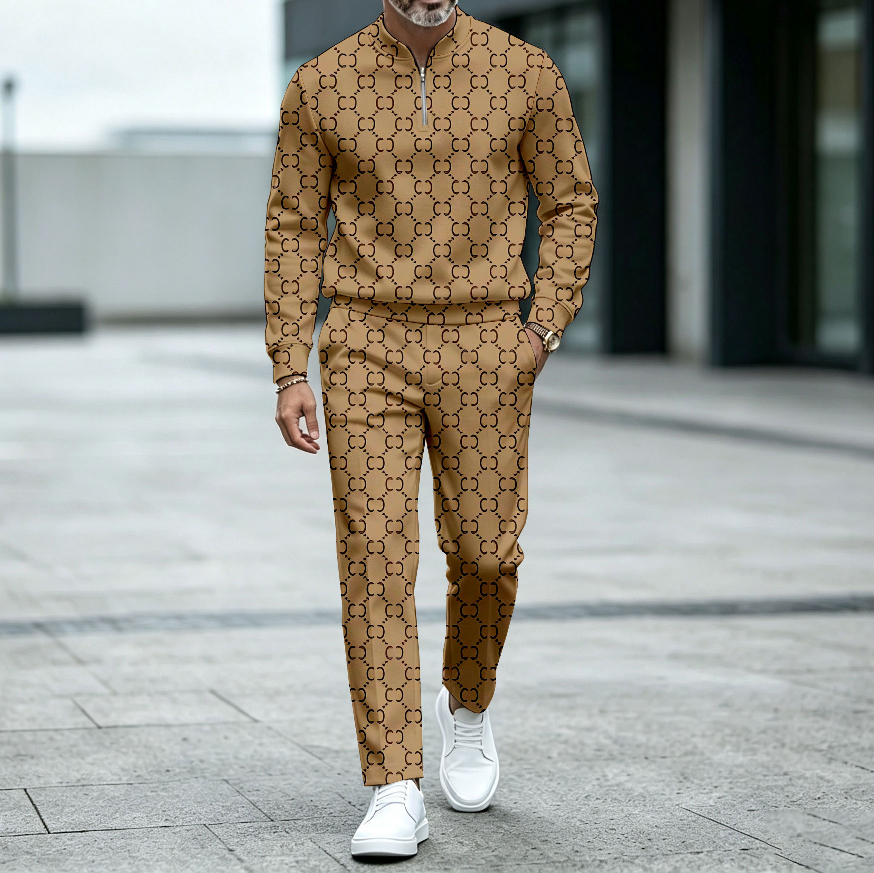 para hombre Brown Round-Neck Zipper de manga larga camisa and pantalón Set