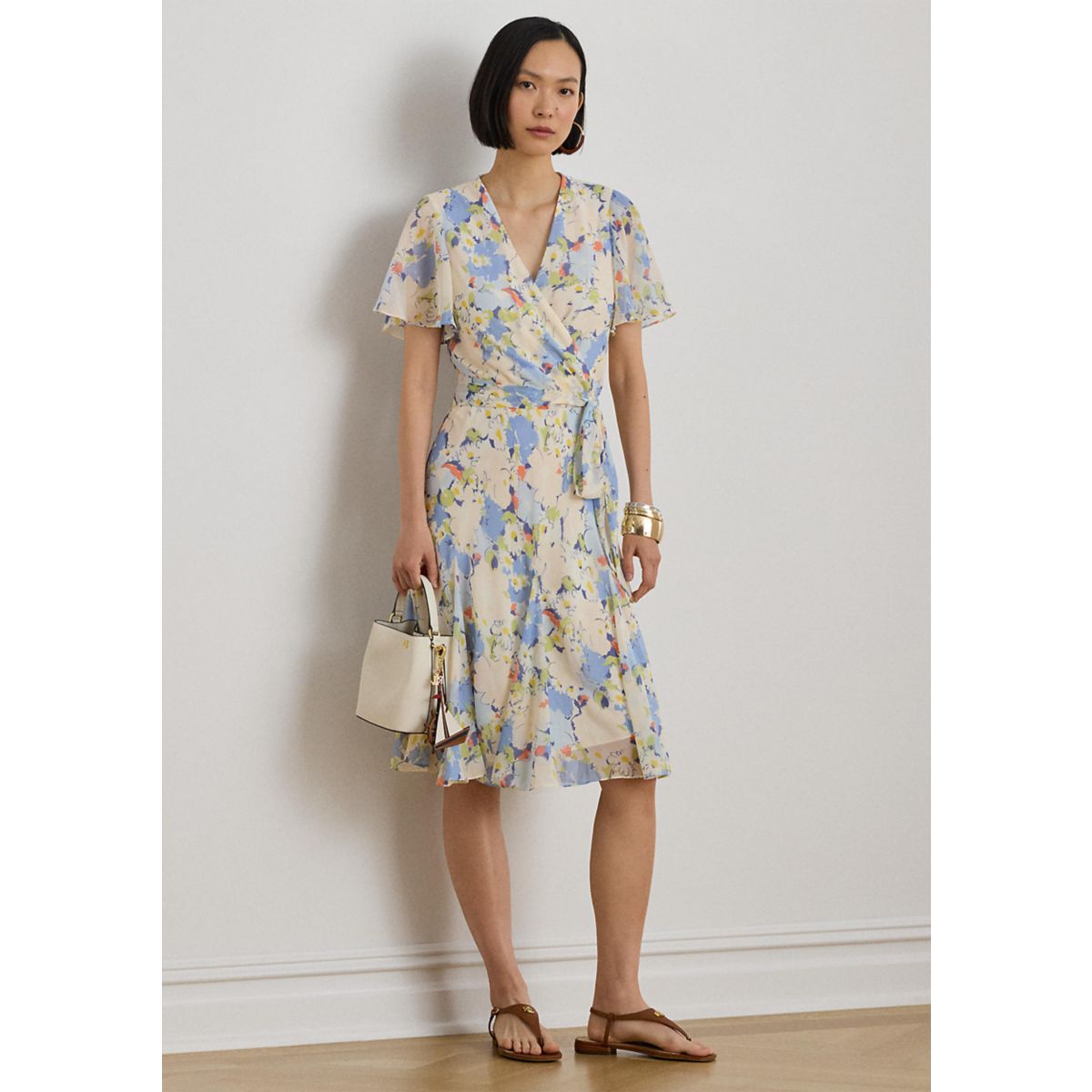 Women's Floral Crinkle Georgette Surplice Dress - 1
