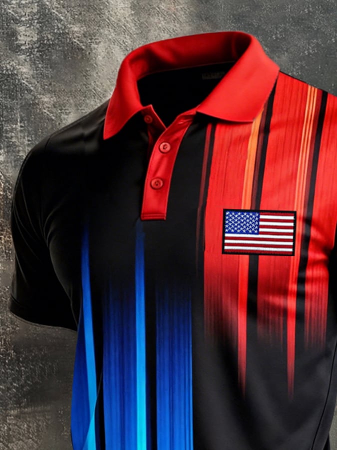 Retro Patriot en bloques de color Polo Collar de manga corta para hombre