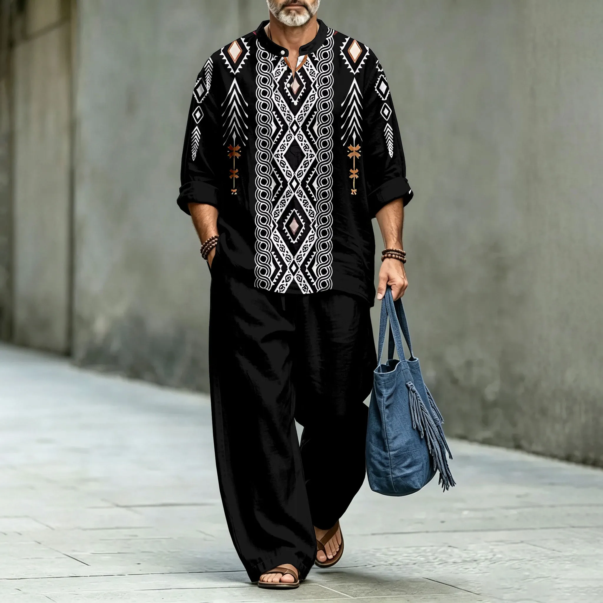 para hombre Black Stand-Collar camisa polo and Long pantalón Two-Piece Suit Set