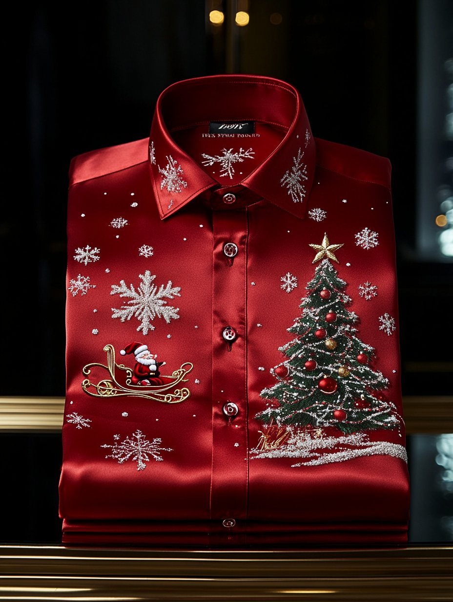 Camisa Christmas satén Luxe de manga larga con botones para hombre