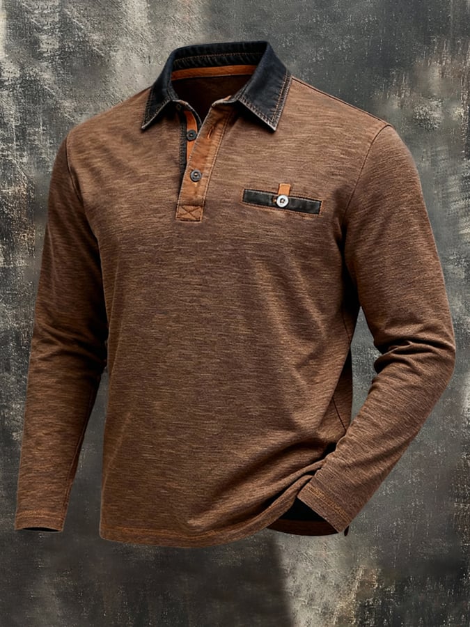 Camisa polo vintage-Style Color-Block Patchpara trabajo de manga larga para hombre