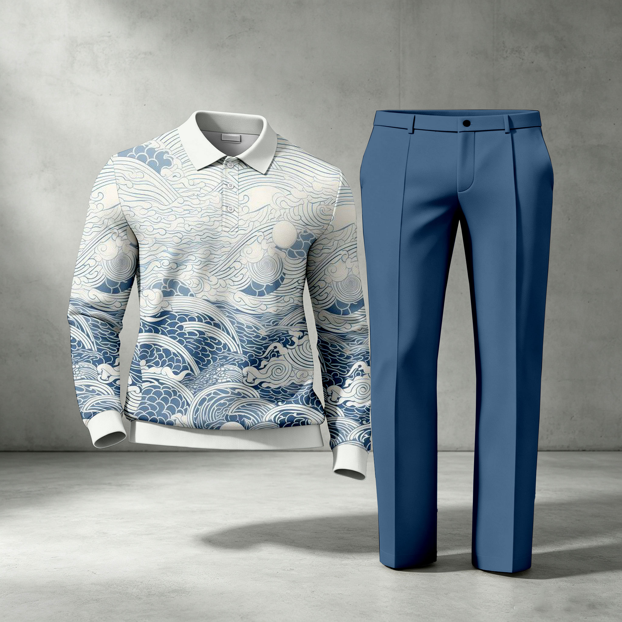 para hombre conjunto de dos piezas: de manga larga camisa polo with Wave Print and pantalón