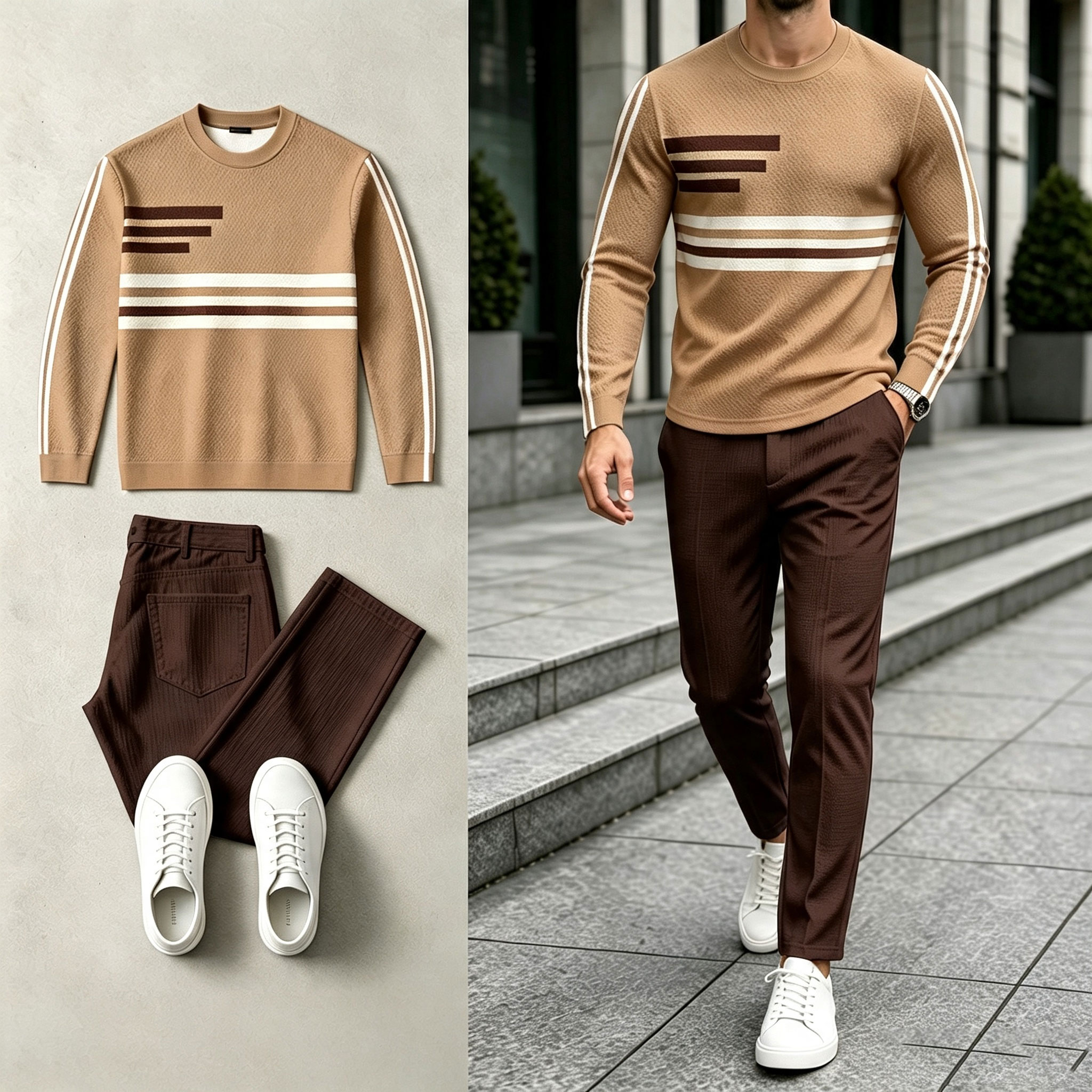 para hombre a rayas Crewneck Sweacamiseta and pantalón Set