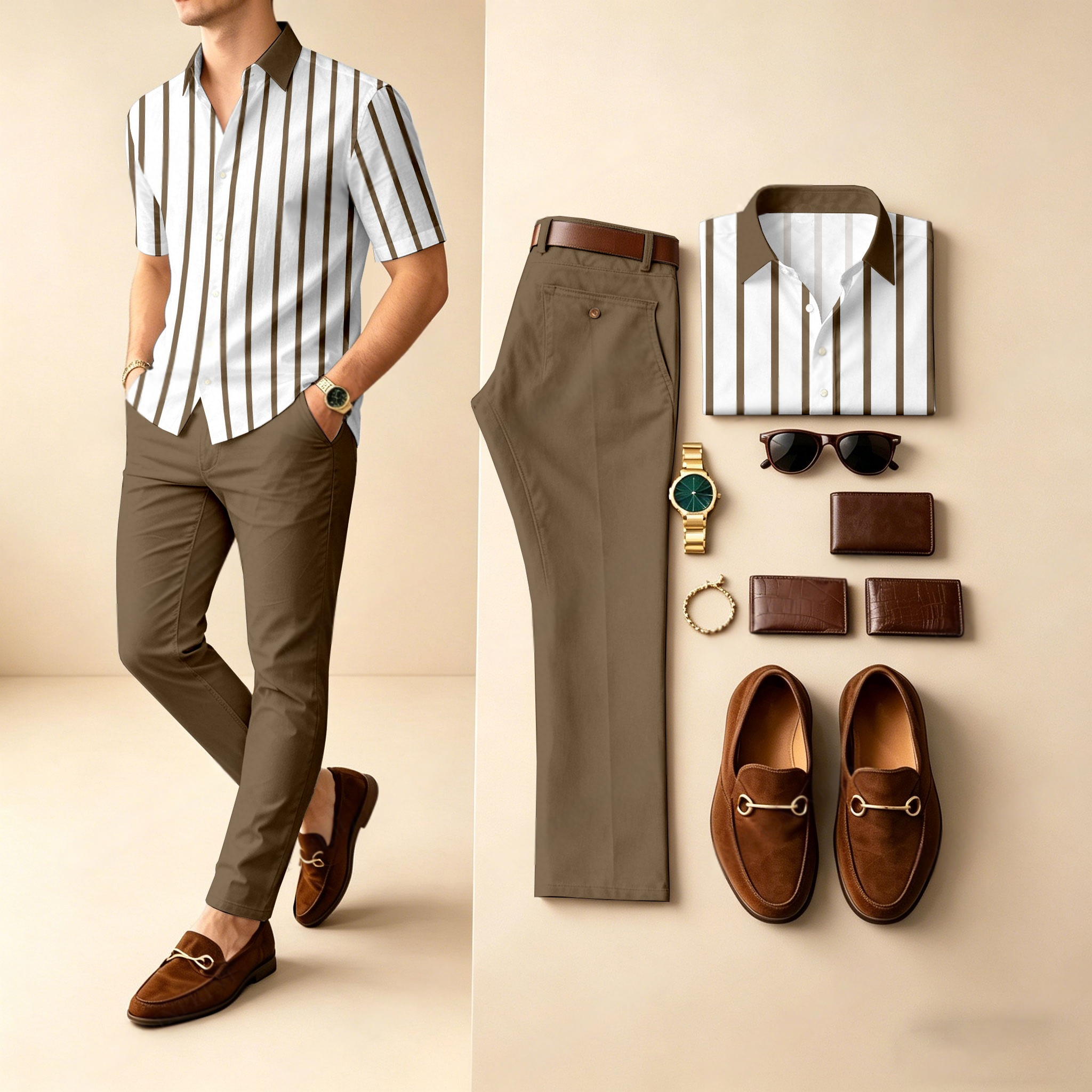 Conjunto de dos piezas casual Khaki rayas estampado camisa polo And pantalón para hombre