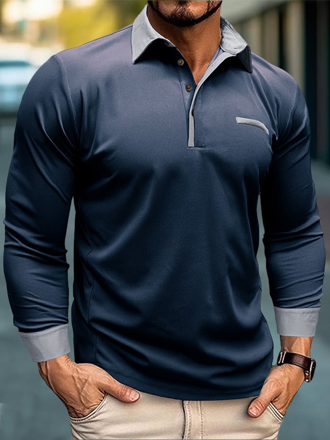Camisa polo de moda en bloques de coloring Half Button de manga larga para hombre