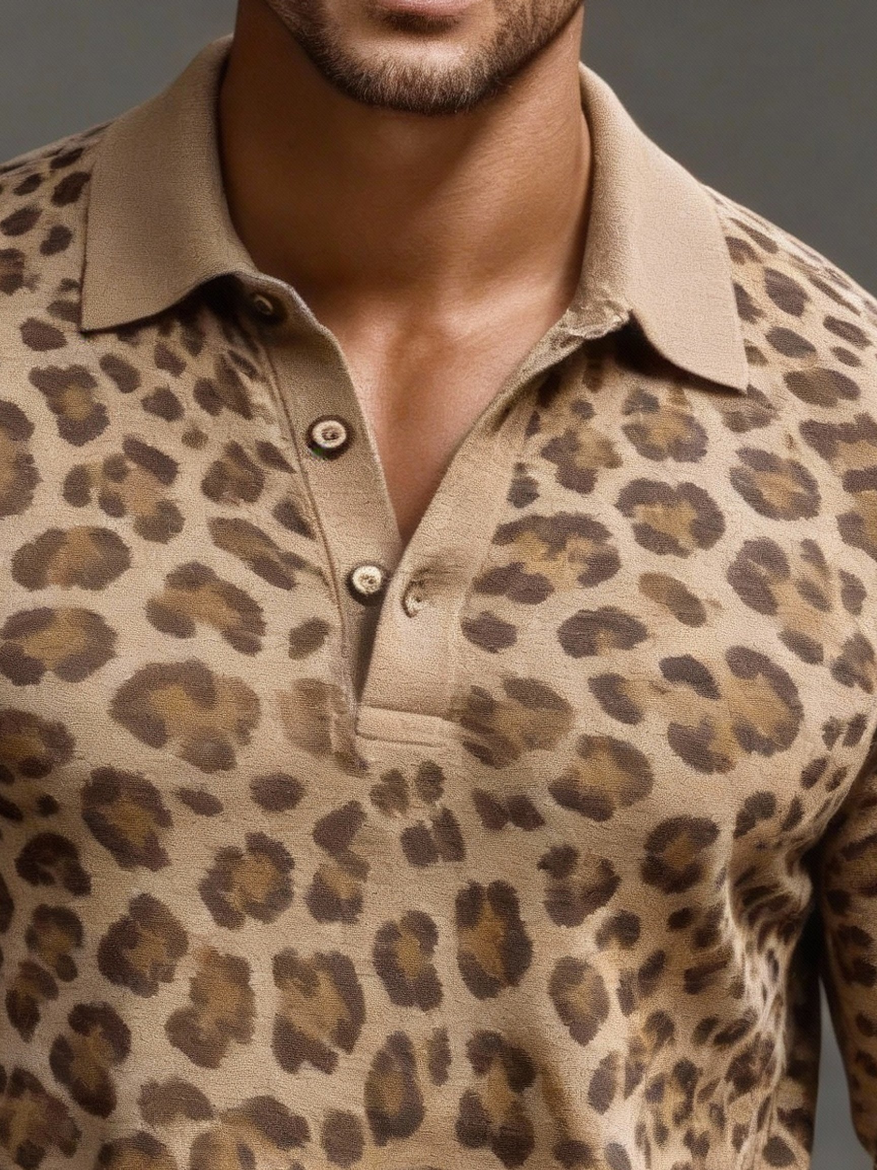 Camiseta vintage Leopard estampado Comfortable Polo Neck de manga larga para hombre