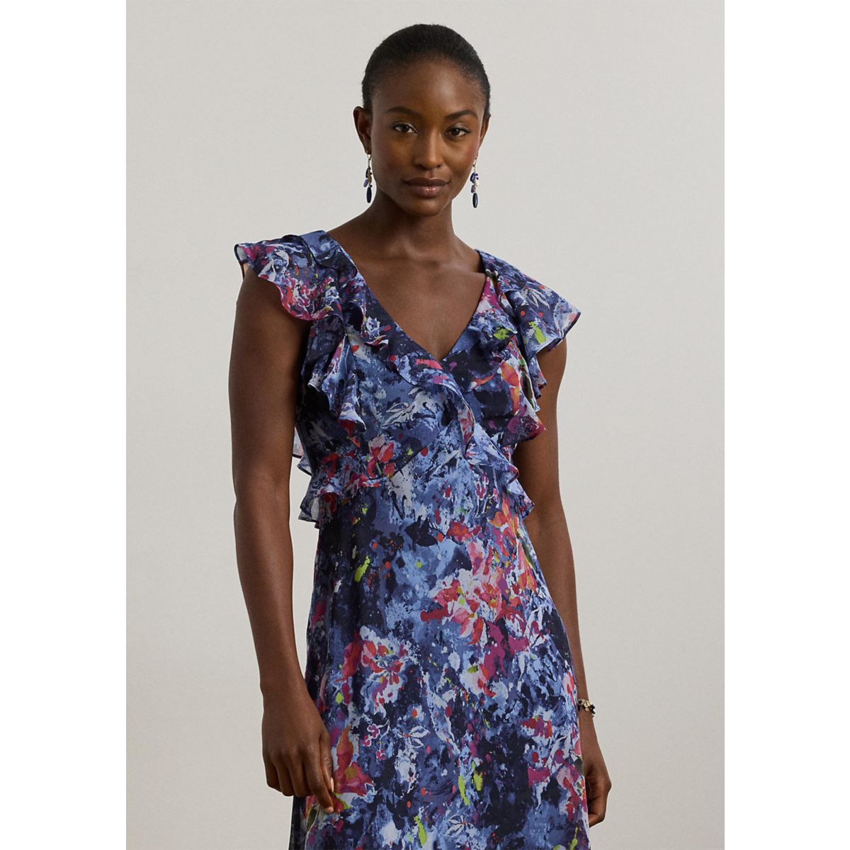 Print Ruffle Trim Georgette Midi Dress - 4
