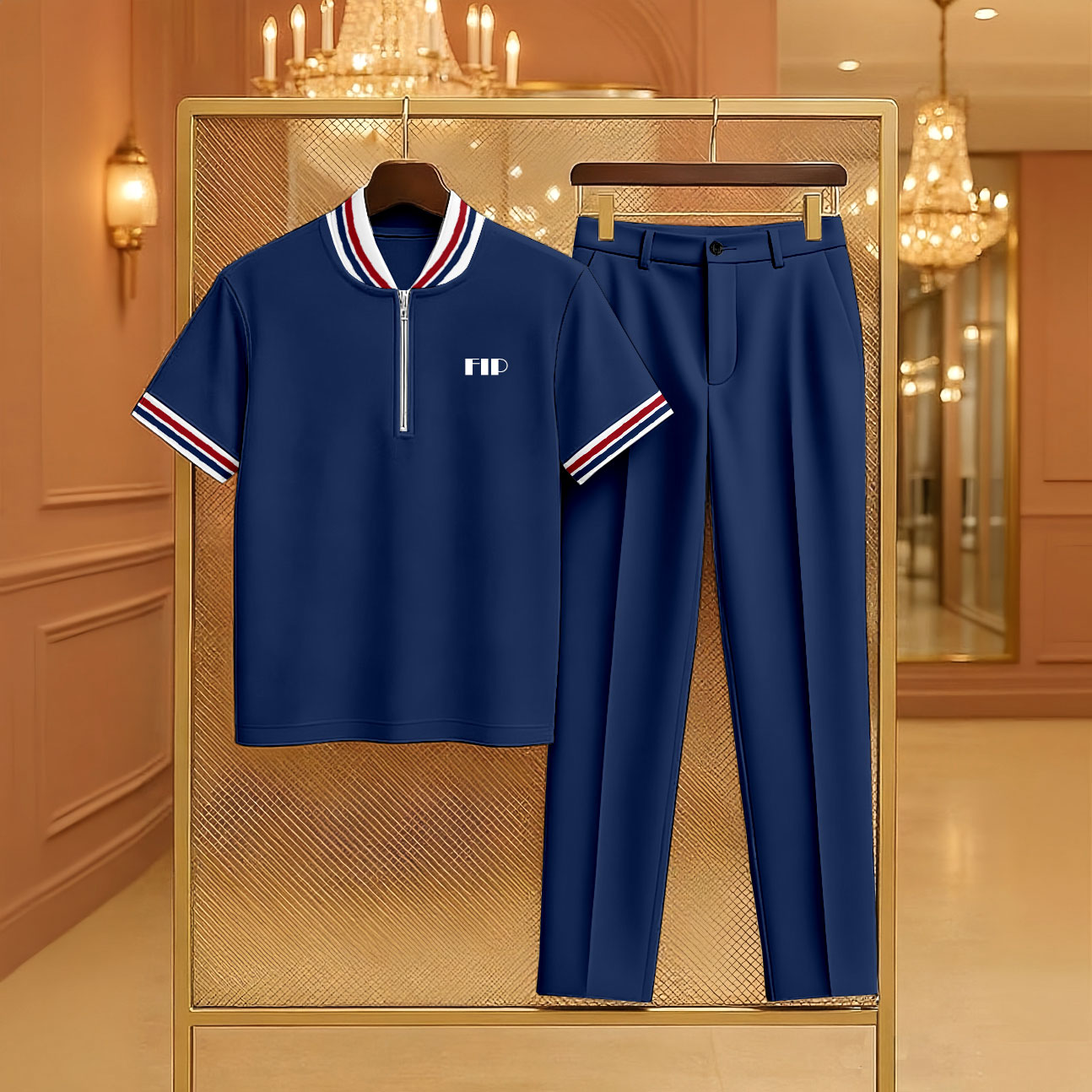 Conjunto de dos piezas casual Navy Blue Color Matching estampado Zipper de manga corta camisa polo & Trousers para hombre