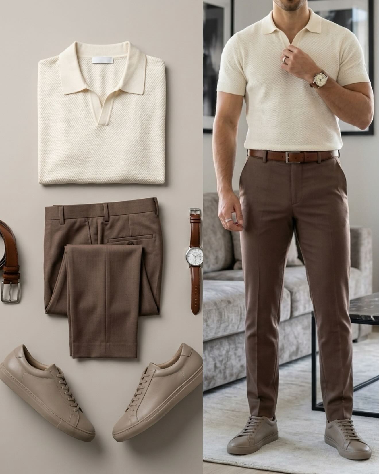 Conjunto de dos piezas ejecutivo Apricot Color Polo de manga cortas camisa & pantalón para hombre