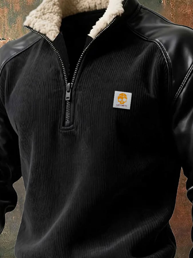 Sudadera vintage pana cuero Stitching cierre Fur cuello para hombre