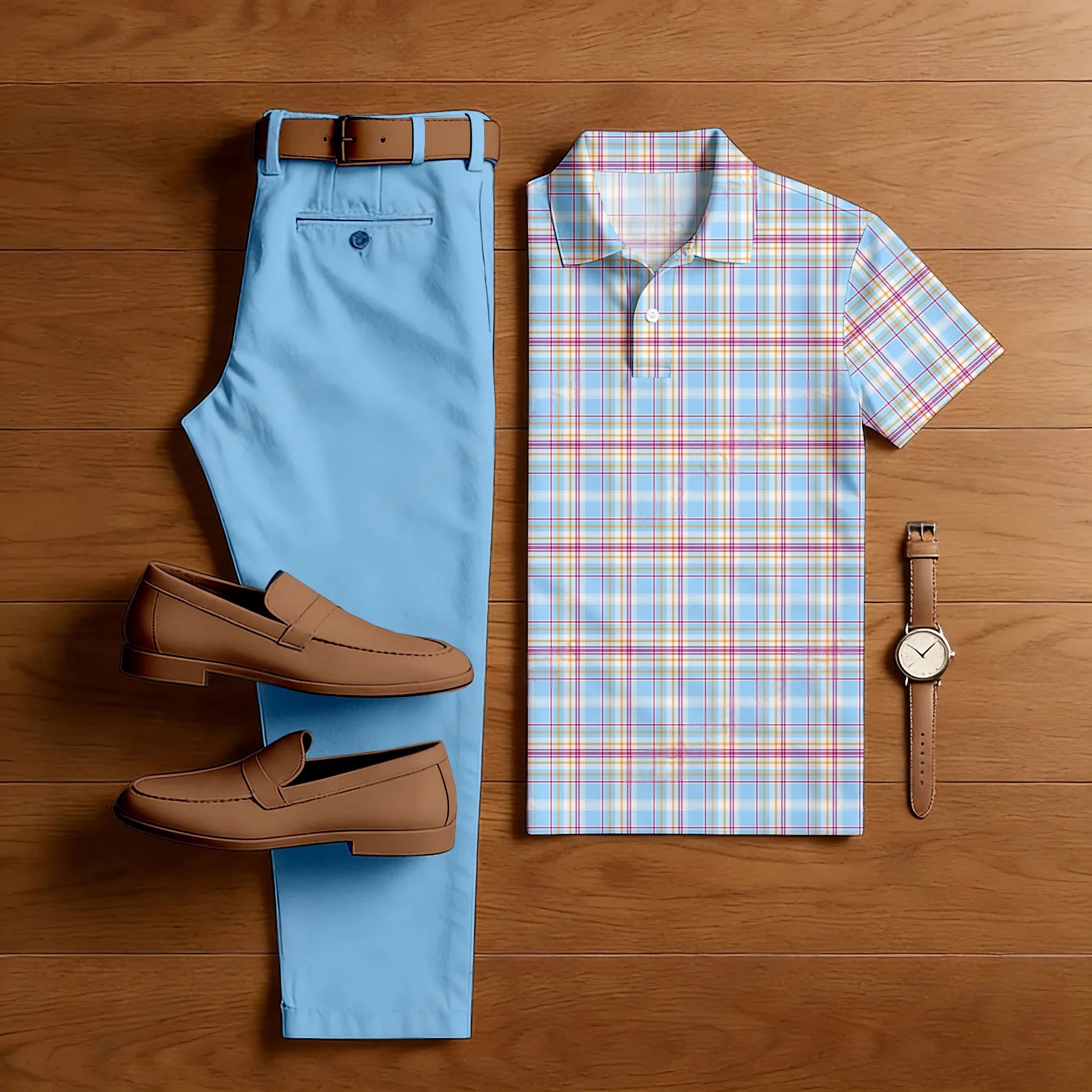 Conjunto de dos piezas casual estampado Blue a cuadros camisa polo And pantalón para hombre