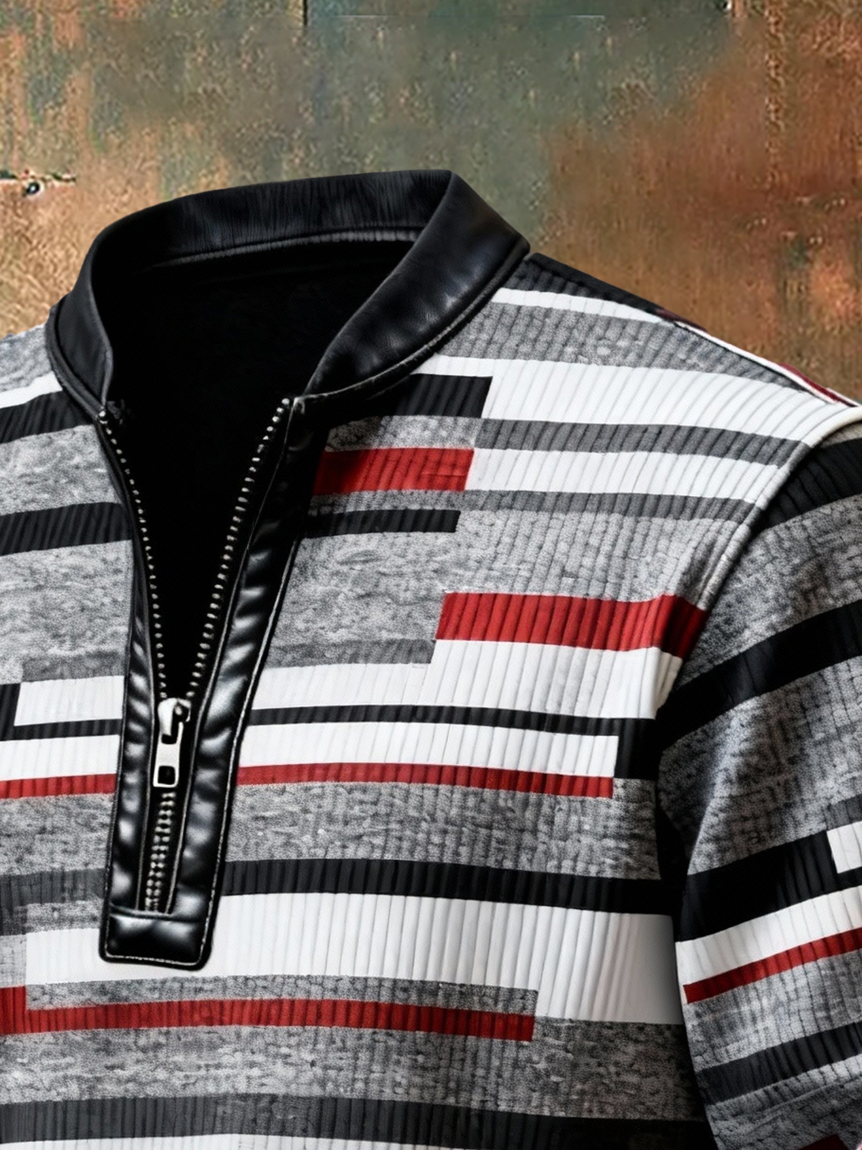 Sudadera casual retro Contrast Color Half Zip Stand cuello de manga larga para hombre