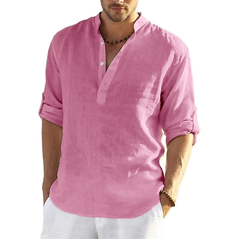 Camisa de lino camisa Band cuello camisa Popover camisa Summer camisa Beach Wear de color sólido hawaiano Holiday Black White Yellow Pink de manga larga Henley Summer Spring Clothing Apparel con botones para hombre - vista 16