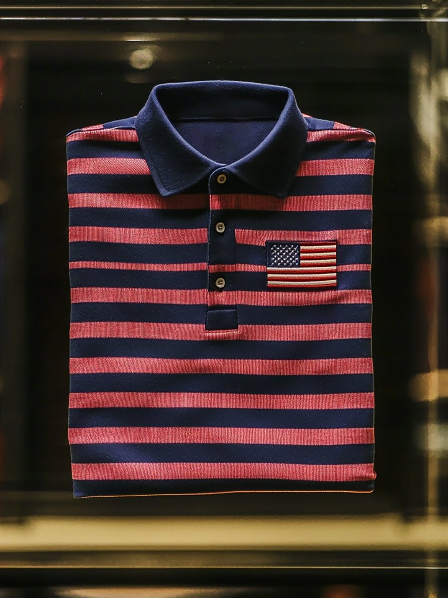 Camisa polo ejecutivo casual Independence Day a rayas Button de manga corta para hombre