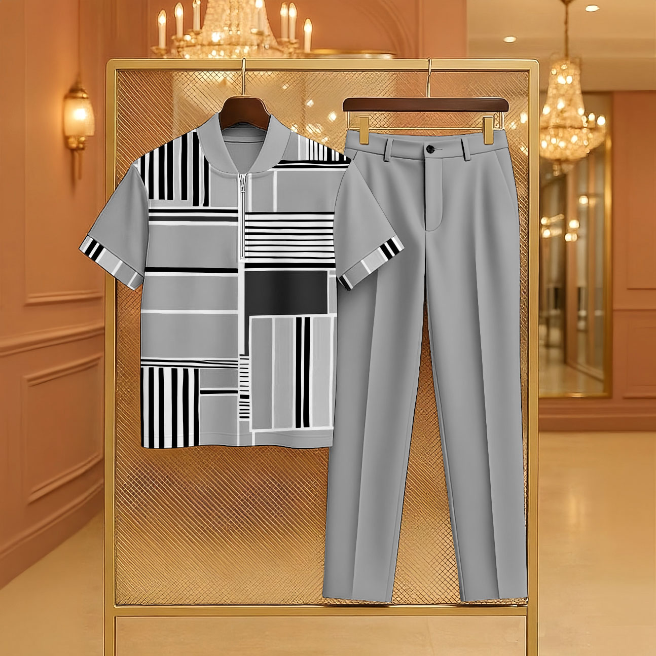 Conjunto de dos piezas casual Light Gray Color Matching Geometric estampado Zipper de manga corta camisa polo & Trousers para hombre