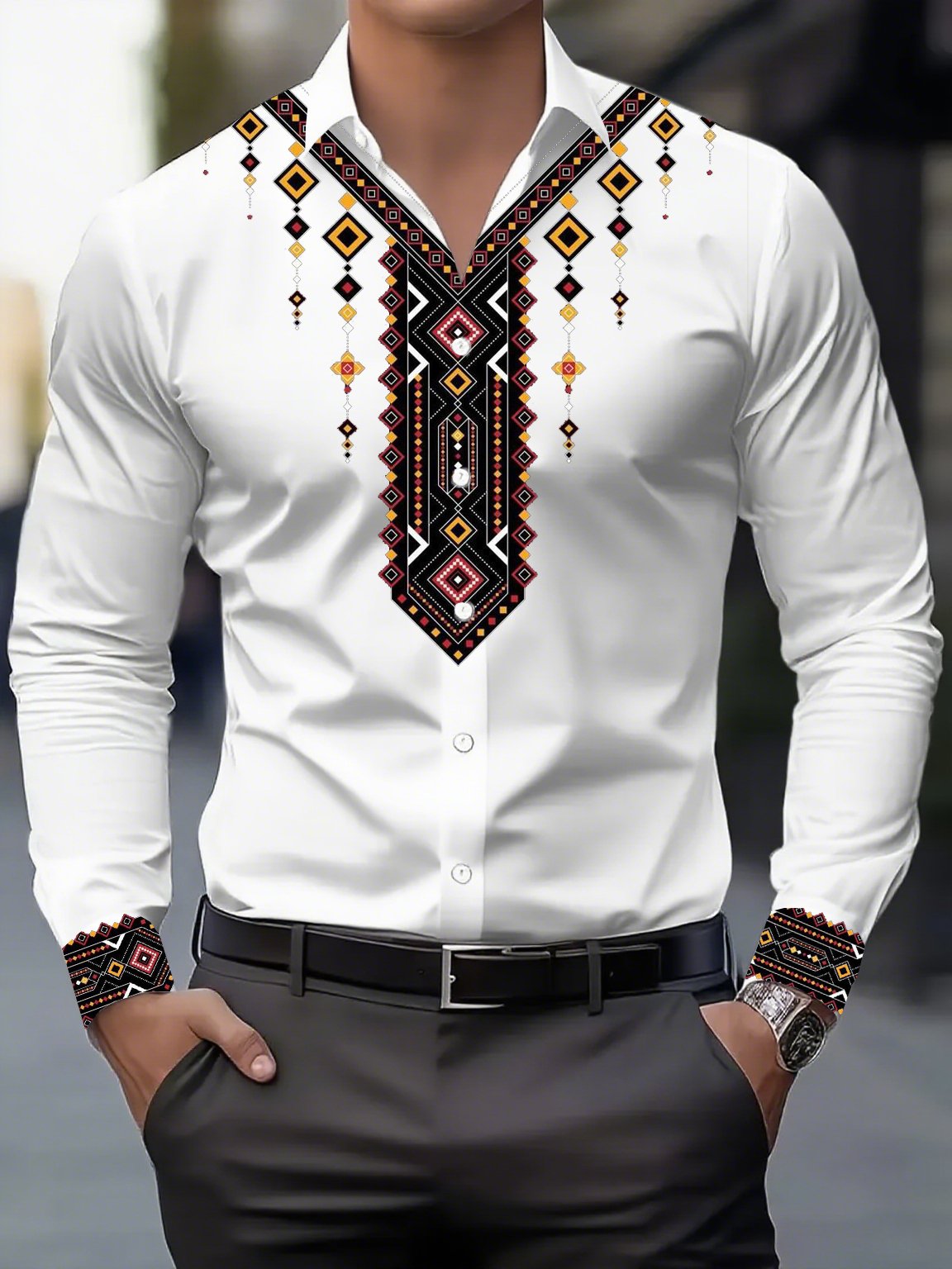 Camisa Street Style ejecutivo casual estampado de manga larga para hombre