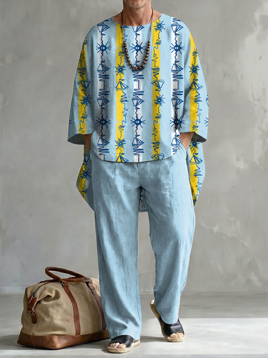 Summer Vacation Palm Tree And Vertical Stripe Decorative Pattern de manga larga de algodón de lino Top And pantalón conjunto de dos piezas
