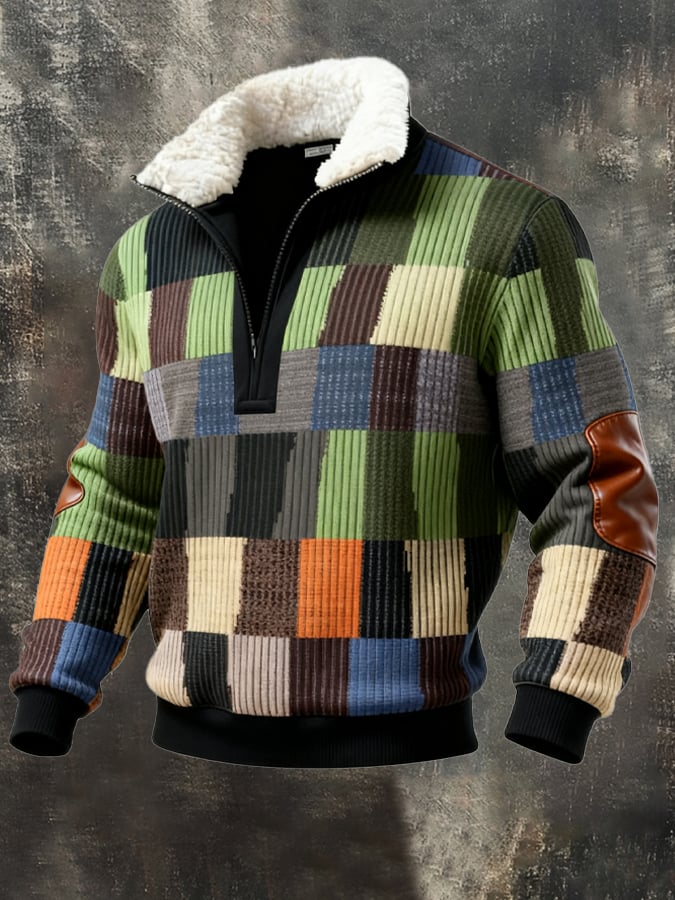 Sudadera retro en bloques de color estampado casual Fur cuello para hombre