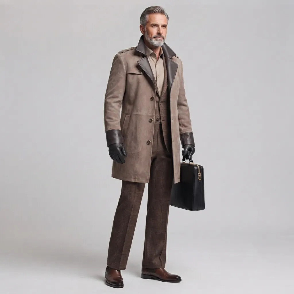para hombre clásico Khaki Contrast Lapel Collar PU Leather Trim Suede Trench Coat