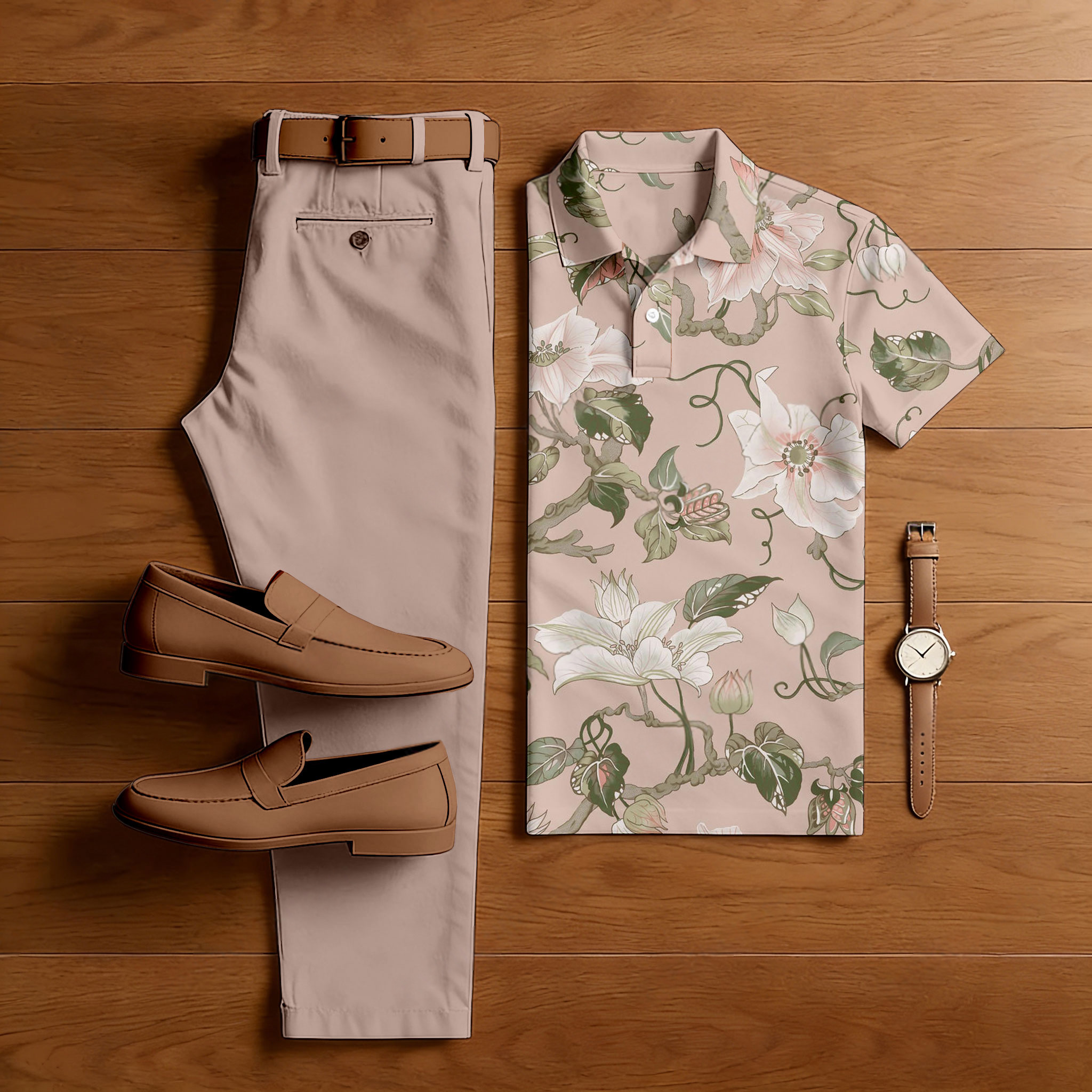 Conjunto de dos piezas casual Pink Stamens estampado camisa polo And pantalón para hombre