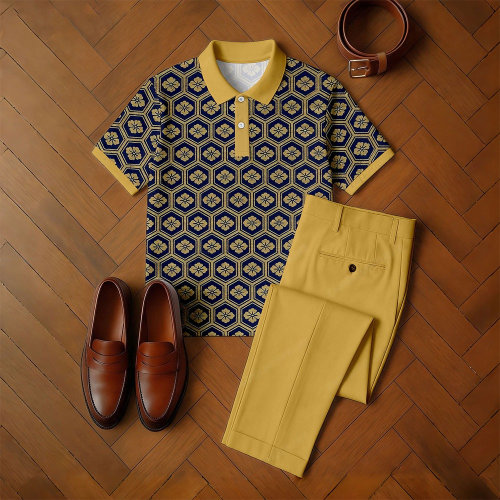 Conjunto de dos piezas casual Yellow & Navy Color Matching retro Flower estampado de manga corta camisa polo & Trousers para hombre